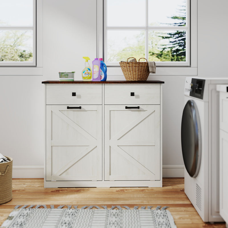 Double Tilt Out Trash Cabinet With Hideaway Drawer And Barn Door Style