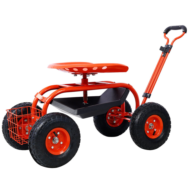 Rolling Garden Scooter Cart Seat With Wheels, 360 Swivel Seat, Tool Tray