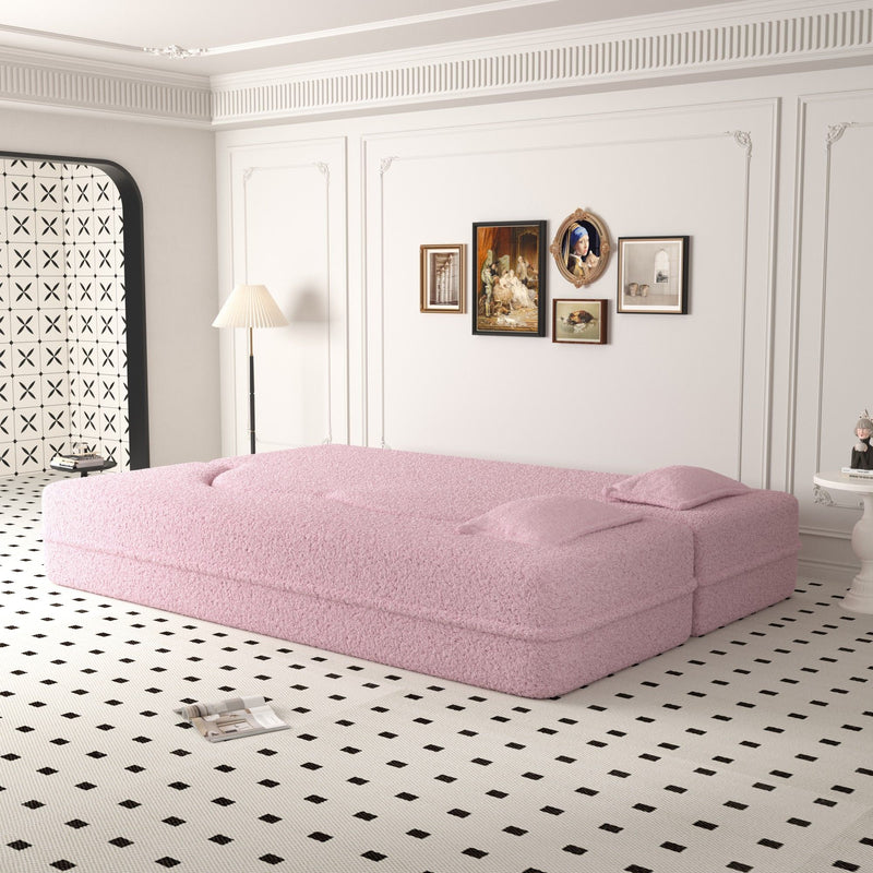 Modern Floor Sofa, With 2 Pillows, Convertible Teddy Fabric Foam Filled Bed