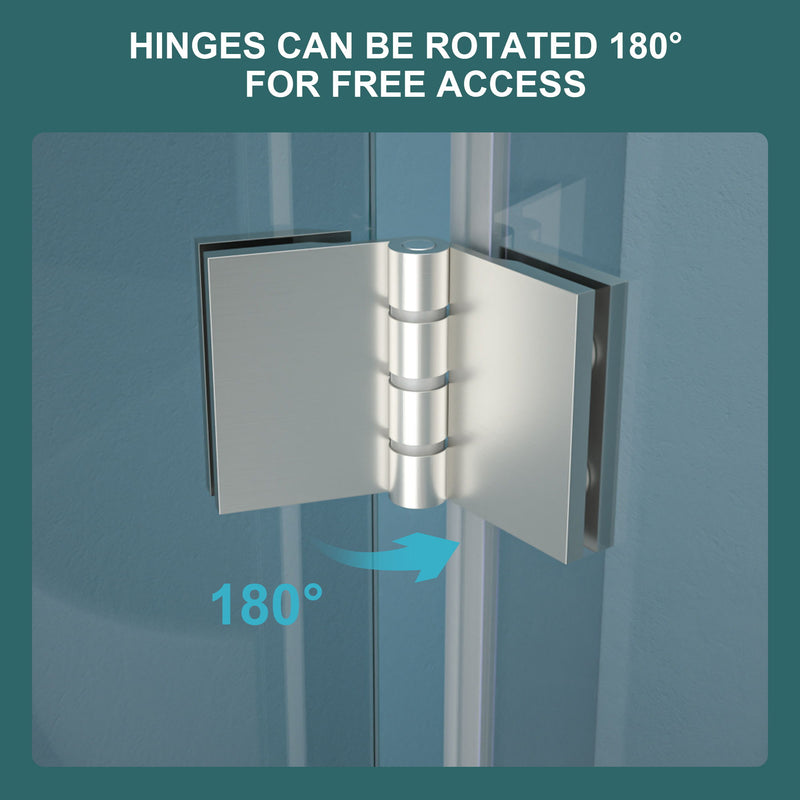 Fold Frameless Shower Door With Tempered Glass - Brushed Silver