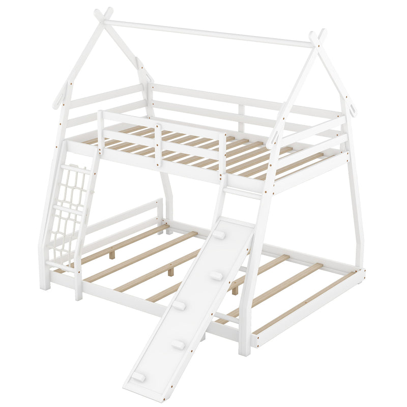 Georgiana - Twin Over Queen House Bunk Bed With Climbing Nets And Climbing Ramp