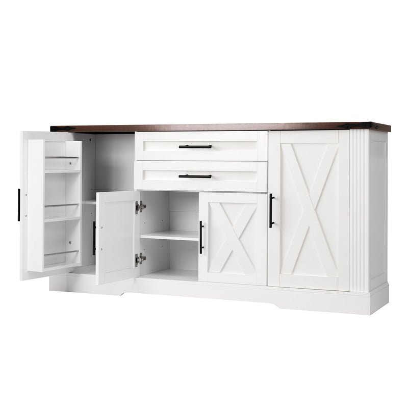Barn Door Storage Cabinet With 2 Drawers & Door Rack, Adjustable Shelves
