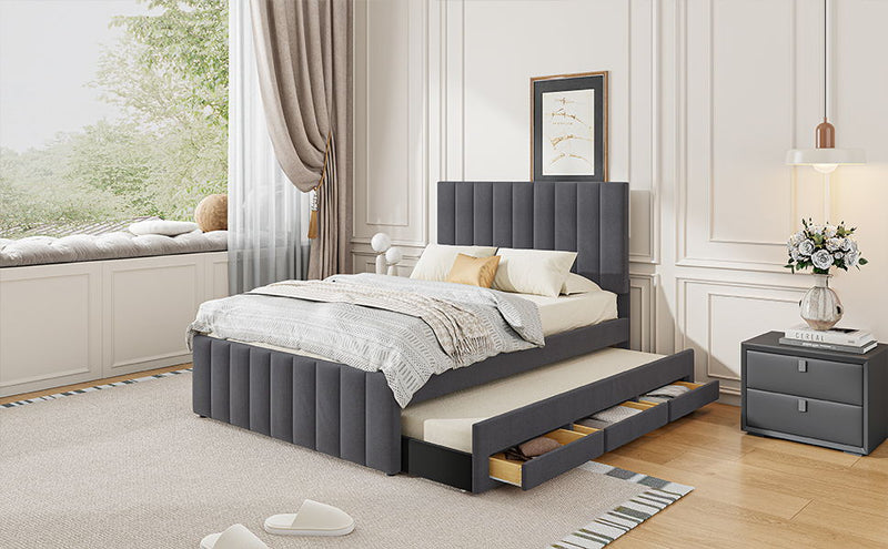 Upholstered Platform Bed With Twin Size Trundle And 3 Drawers