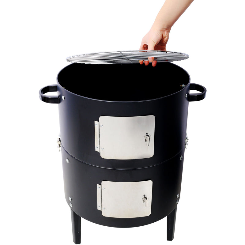 Heavy Duty Round Bbq Grill 17" Steel Charcoal Smoker For Outdoor Cooking - Black