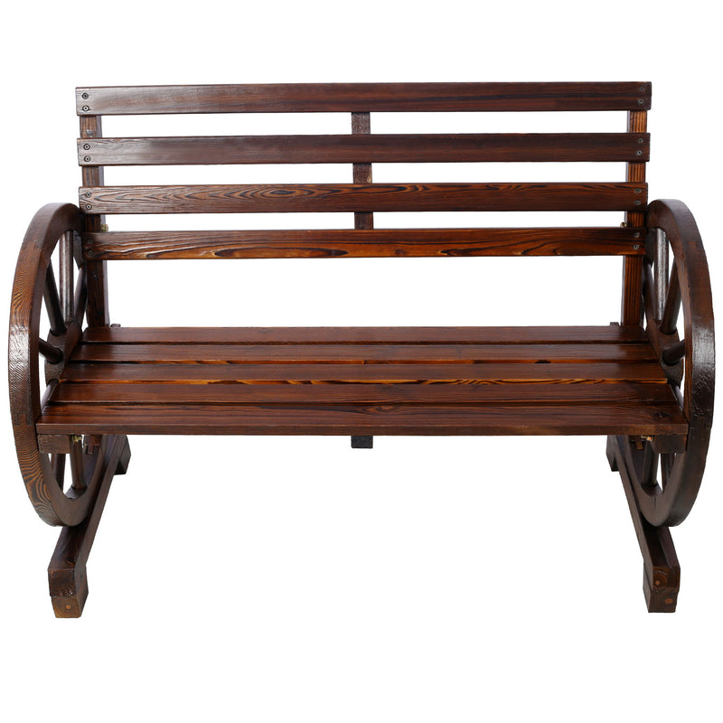 Rustic Country 2 Person Wooden Wagon Wheel Bench With Slatted Seat And Backrest - Brown