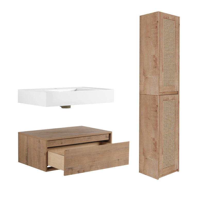 Modern Imitative Wall Mounted Bathroom Vanity With Resin Sink & 2 Side Cabinet, Soft Close Drawer - Imitative Oak
