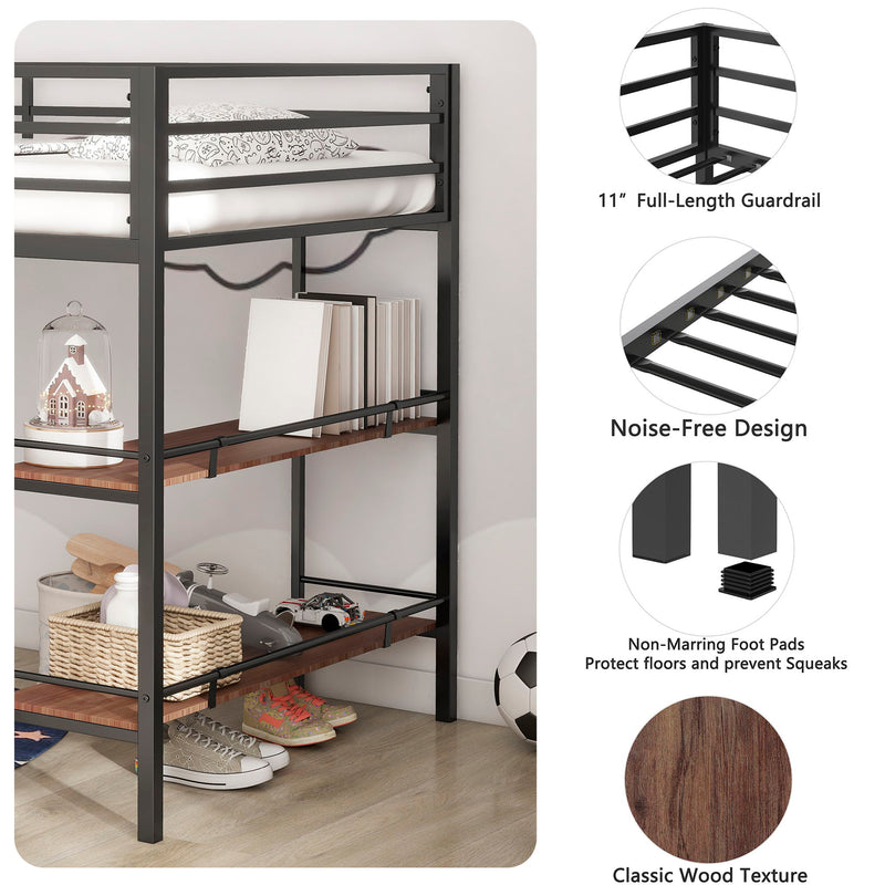 Adam - Twin Loft Bunk Bed With Cinnamon Wood Shelf - Black