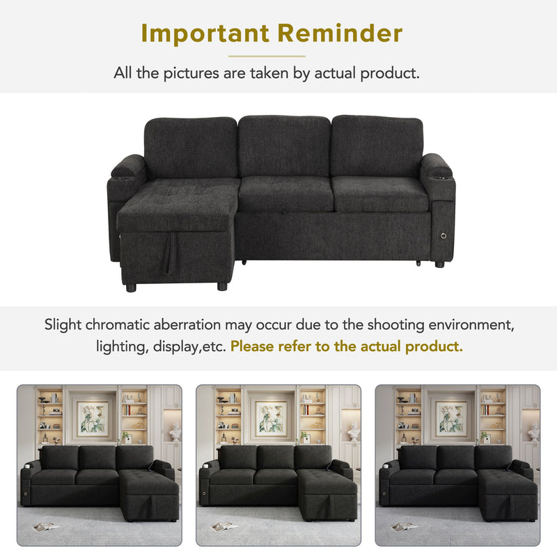 Convertible L Shaped Sofa Couch With Storage, Cup Holders, USB Ports