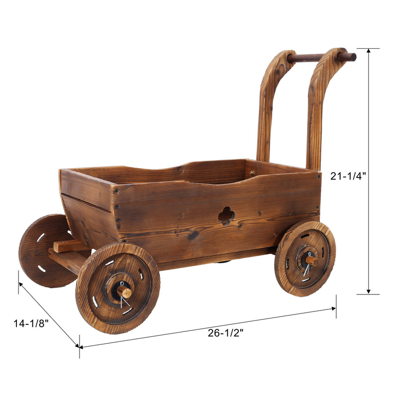 Wooden Wagon Planter Box Mobile Garden Planter With Wheels Handle Drain Hole Wood - Brown