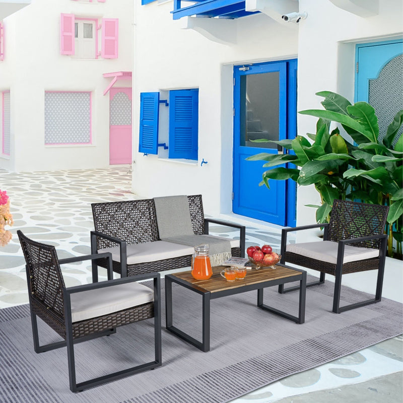 4 Piece Patio Furniture Set With Acacia Wood Table Top And Cushions
