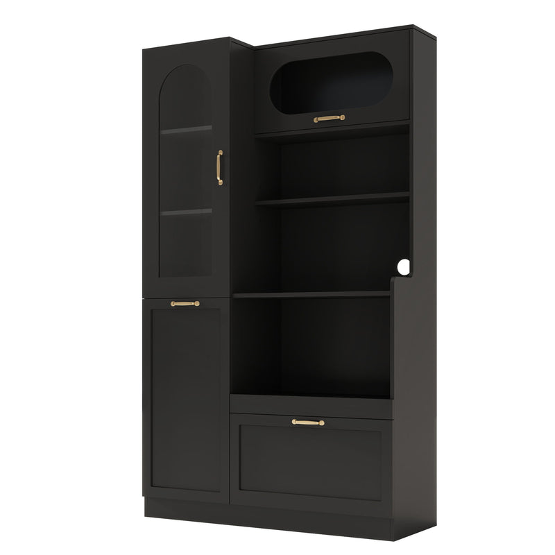 Tall Freestanding Kitchen Pantry Cabinet With Arched Glass Door