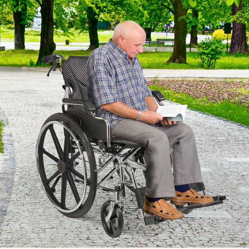 Lightweight Wheelchair Foldable 300 Lbs Capacity 24" Tires Adjustable Seat Belt And Anti Backflip Device Safe And Durable Transport Chair For And Disabled - Silver