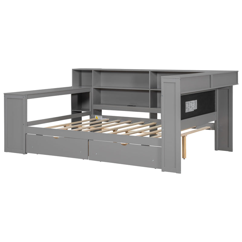 Platform Bed With Upholstered Headboard, Storage Shelves, Drawers, Charging Station, LED Lighting, Built In Desk