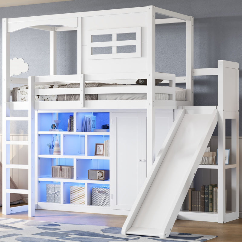 Twin Size Loft Bed With Wardrobe, Storage Shelves, Slide And LED - White