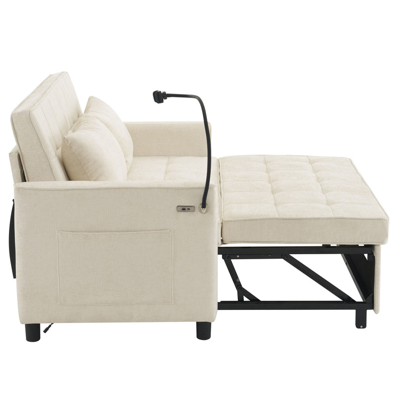 Pull-Out Sleeper Sofa With Reversible Backrest Cushion, Side Pockets, 2 USB Ports And A Phone Holder For Living Room