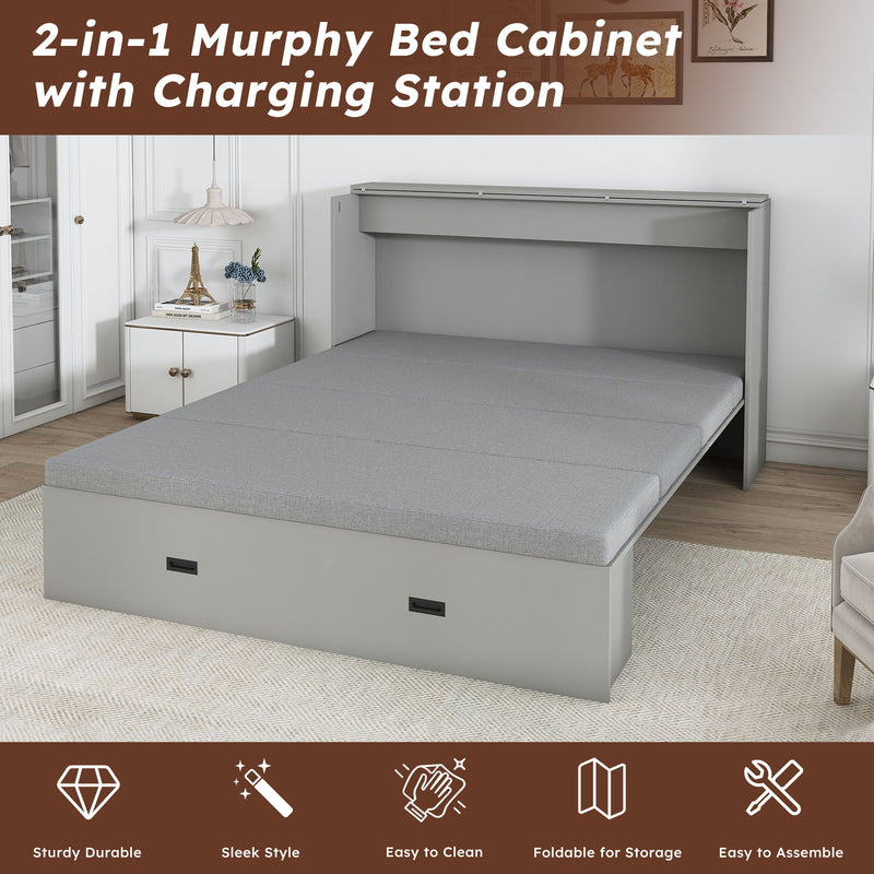 Full Murphy Bed With Storage Drawers, Charging Station, Foldable Panels, And Silent Swivel Wheels