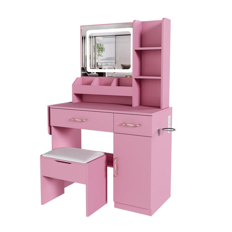 Vanity Desk With LED Mirror Lights And Power Outlet Charging Station, 3 Drawers, 7 Shelves, Storage Stool - Pink