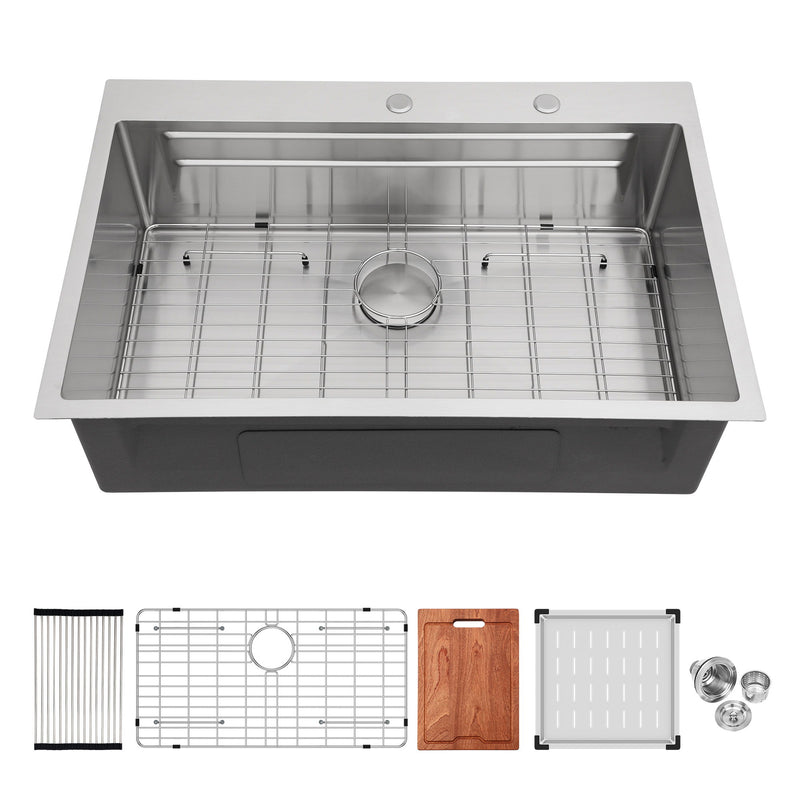 33" Drop In Kitchen Sink Single Bowl 16 Gauge Stainless Steel Ledge Workstation - Brushed Nickel