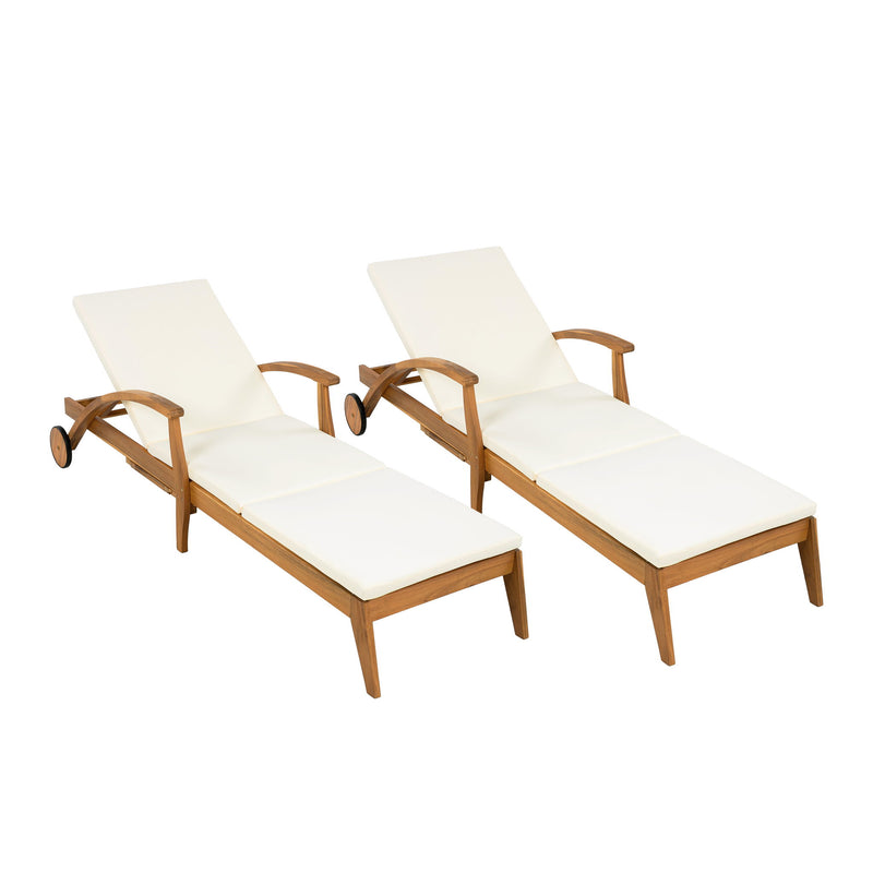 Versatile Chaise Lounge With Wheels Acacia Wood Recliner For Patio - Cream