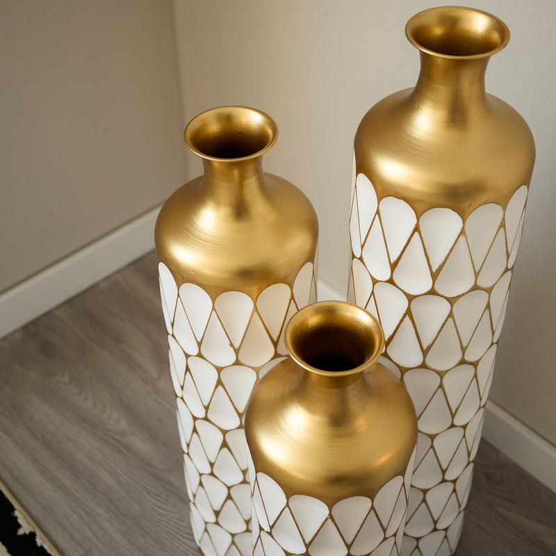 Floor Metal Vase Modern Style Decoration Home Droplet Shaped Metal Vase 3 Piece Set Gorgeous Home Decoration Large Glazed Metal Vase - Gold / White