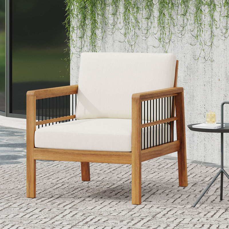 Club Chair With Slat Panel Design - Teak / Beige
