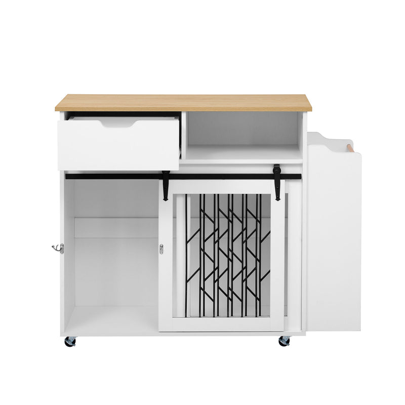 Modern Style 2 In 1 Pet Friendly Dog Crate Kitchen Island End Table Metal Pine - Natural / White