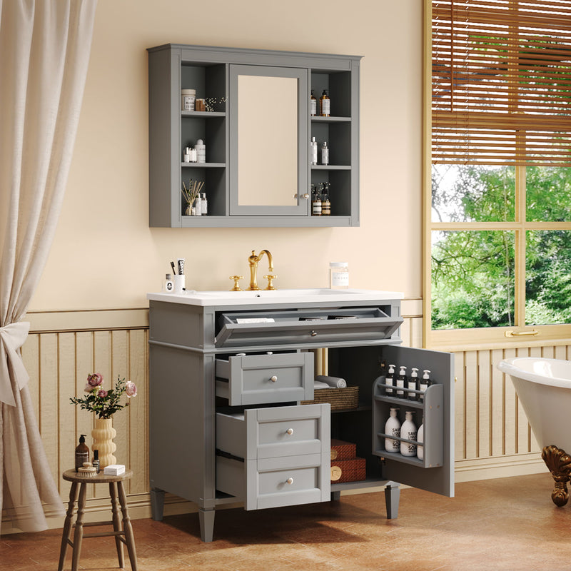 Bathroom Vanity With Mirror Cabinet, Single Sink With 2 Soft Closing Doors And 4 Drawers