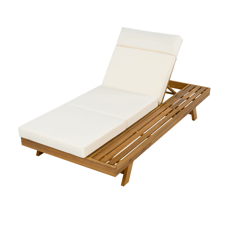 Acacia Wood Lounge Chaise Set With Headrest And Water Resistant Cushions - Beige