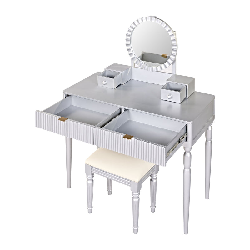 Luxury Vanity Desk With Round Mirror Height Adjustable Dressing Table Set Engineered Wood - Silver