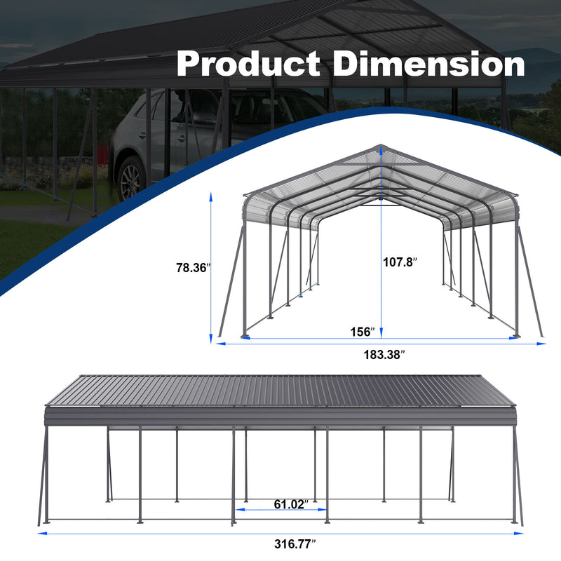 Metal Carport 13 X 26.5 Ft Heavy Duty With Galvanized Steel Roof Metal Garage Canopy With Galvanized Steel Roof & Frame Car Tent Outdoor Storage Shed For Car Boats And Truck - Gray