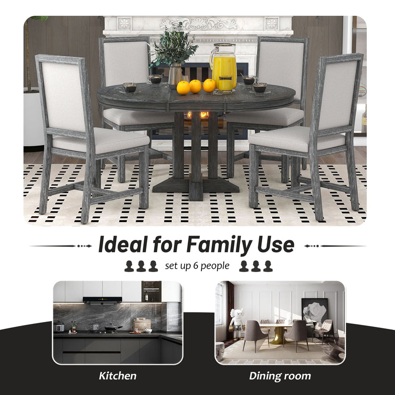 5 Piece Dining Set With Extendable Round Table And Upholstered Chairs