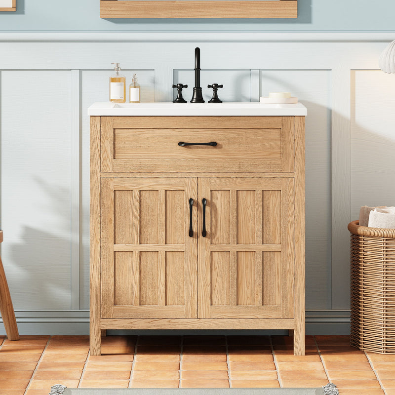 Bathroom Vanity With Sink, Adjustable Shelf & Door Organizers - Walnut