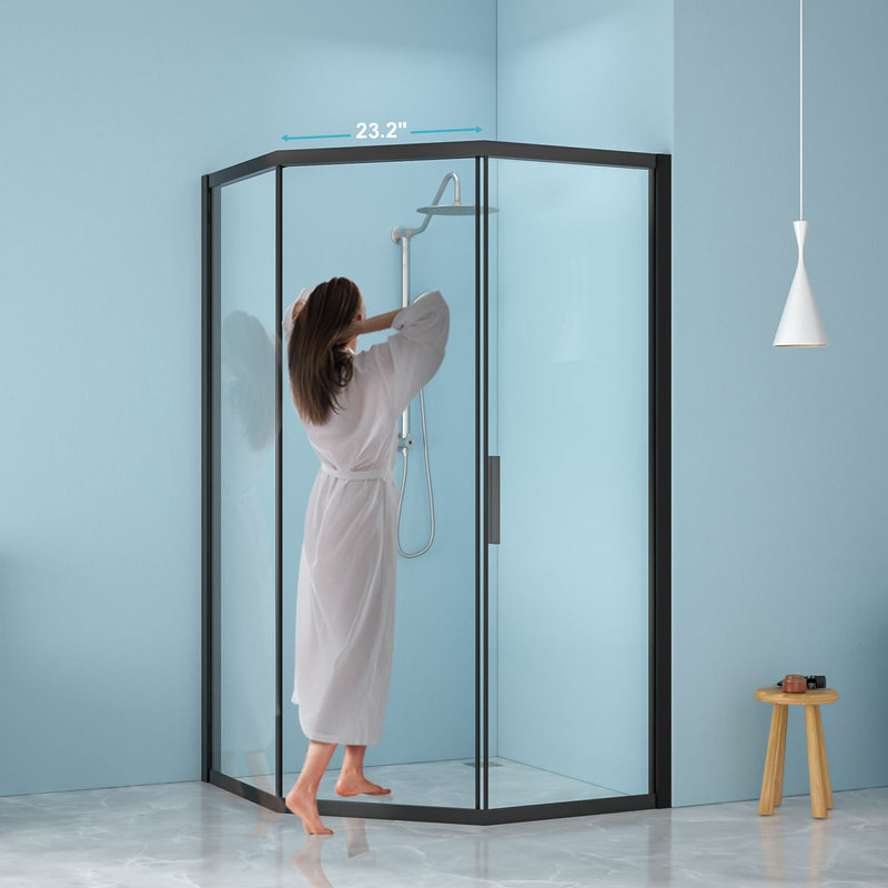 Diamond Shaped Corner Shower Door, Inward Sliding, Stainless Steel Frame