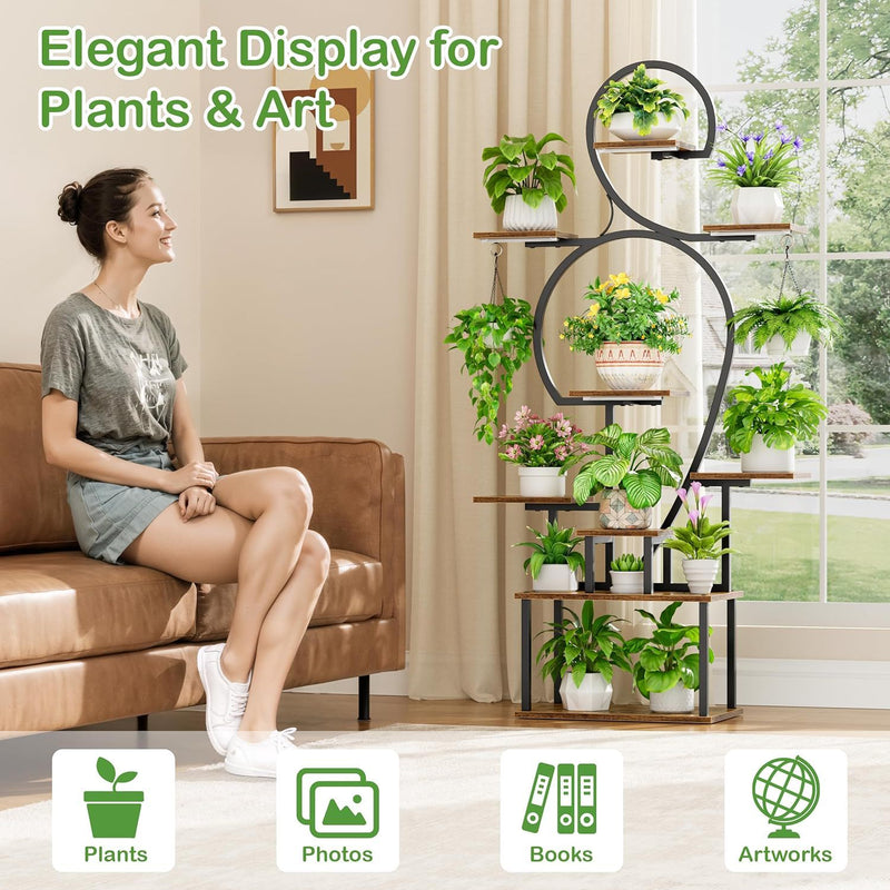 Plant Stand Indoor With Grow Light, 9 Tiered 63" Tall Indoor Plant Shelves For Multiple Plants - Walnut / Black