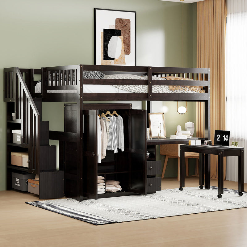 Loft Bed With Stairs, Bookshelf, Drawers, Desk & Wardrobe, Space Saving Multifunctional Furniture