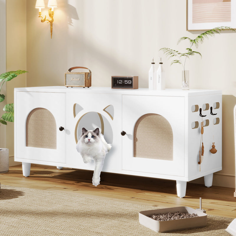Furniture Style Cat Cabinet Cat Litter Box With Sisal Scratching Door - Cream White
