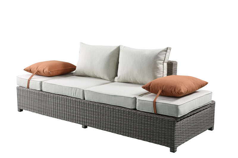 Salena - All Weather Wicker Patio Sofa & Ottoman With 2 Toss Pillows - Gray / Beige