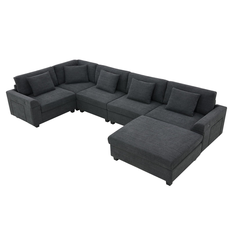 U Shaped Sectional Sofa 6 Seat Couch Set With Oversized Ottoman, Hidden Armrest Storage And Cup Holders USB Charging Ports Wide Seat Sofa