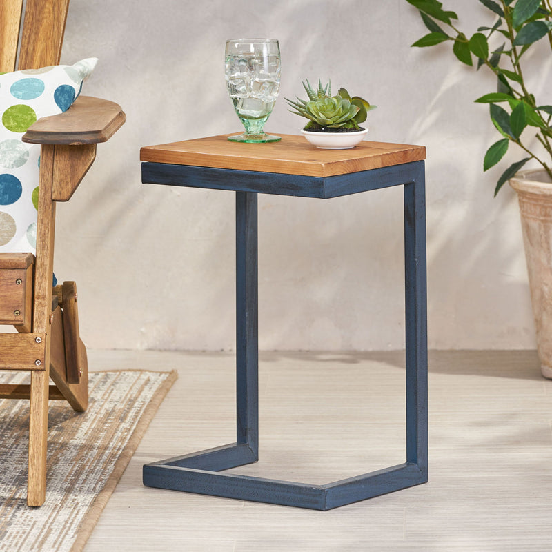 Small C Shaped End Table With Iron Base And Fir Wood Top - Black