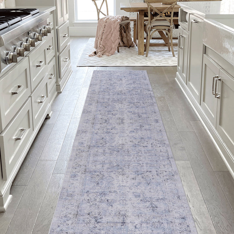 Maval - 2'6'' X 10' Washable Runner Rug - Blue / Cream