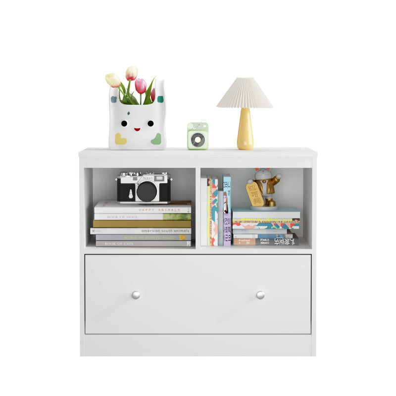 Toy Storage Organizer With Large Drawer And Low Bookshelf For Nursery & Playroom - White