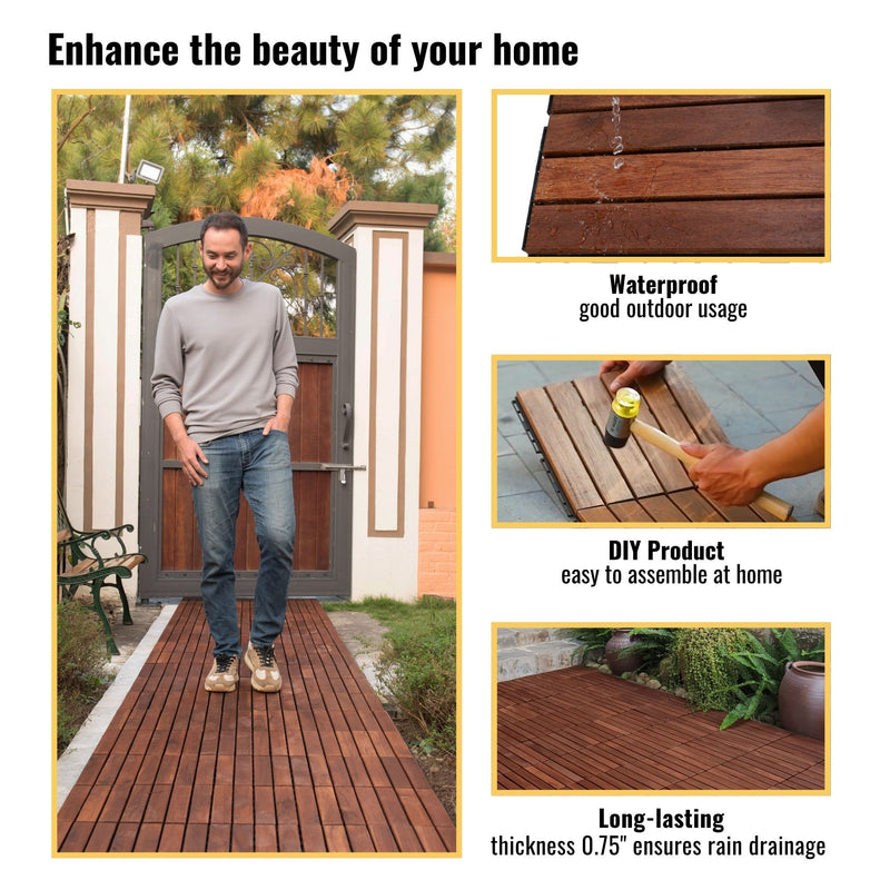 Interlocking Deck Tiles Striped Pattern, Waterproof Anti Mildew Brown