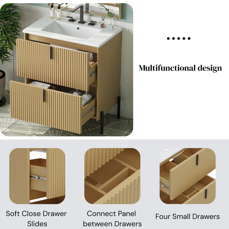 Fluted Bathroom Vanity With Ceramic Sink, Freestanding Design