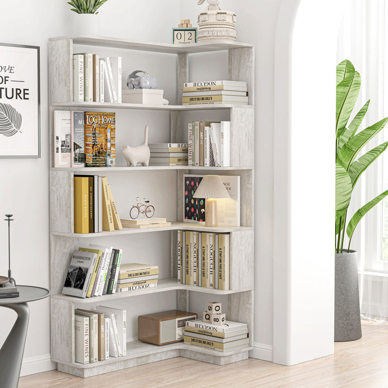 Extended Corner Bookshelf For Living Room - Light Gray