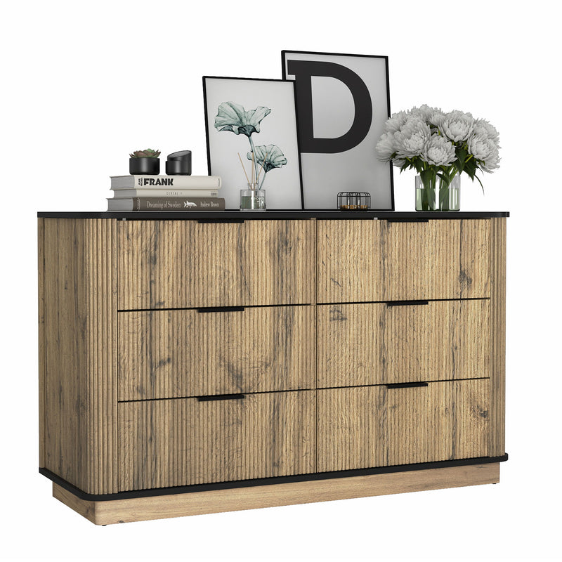 Modern 6 Drawer Cabinet With Metal Rounded Corners And Exquisite Handles Multi Functional Storage - Natural Wood