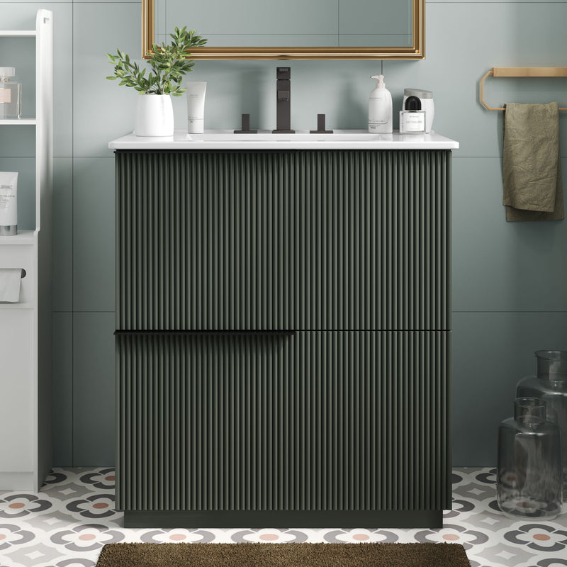 Fluted Bathroom Vanity With Ceramic Sink, Soft Close Slides