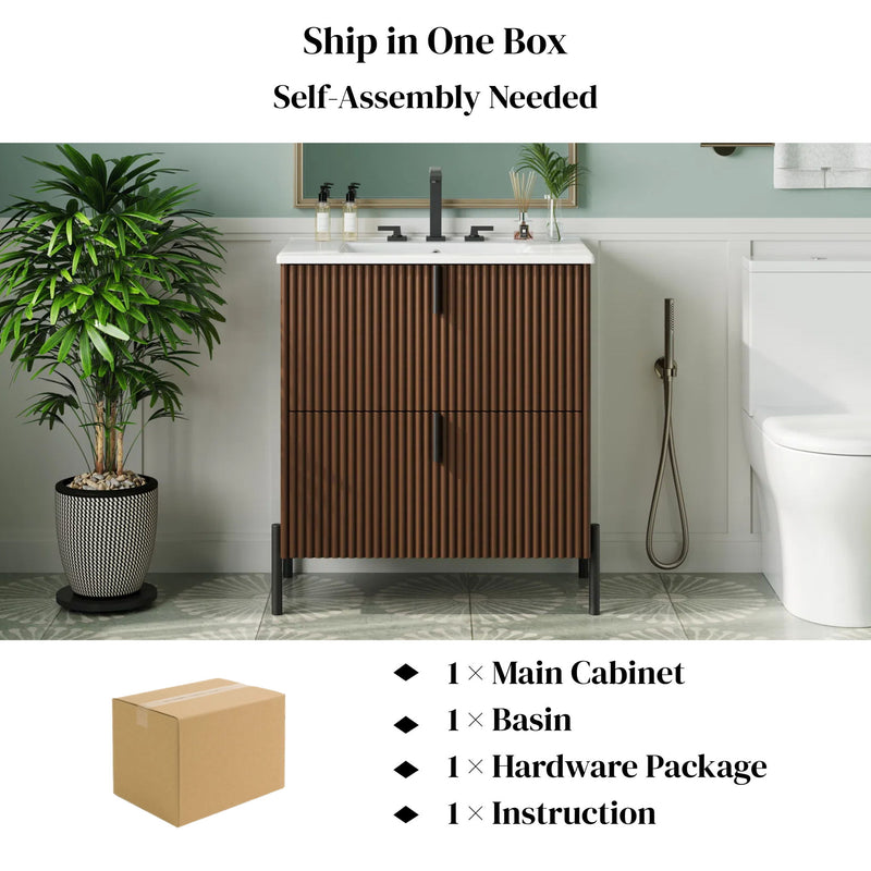 Fluted Bathroom Vanity With Ceramic Sink, Freestanding Design