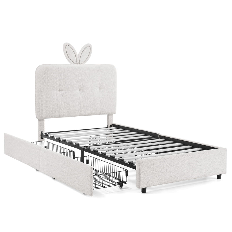 Upholstered Bed With Oversized Rabbit Ear Headboard, LED Lights & 4 Storage Drawers