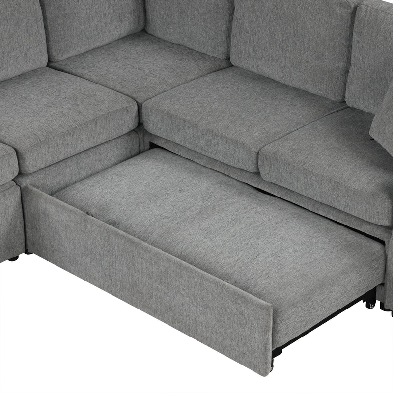 Sectional Sofa Convertible Pull-Out Bed With Storage Ottoman & USB Ports