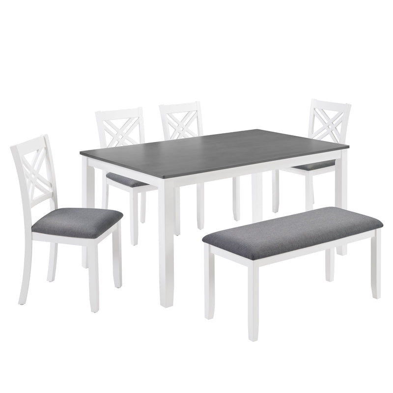 6 Piece Kitchen Dining Set, Rectangular Dining Table With 4 Upholstered Chairs And Bench - Gray / White